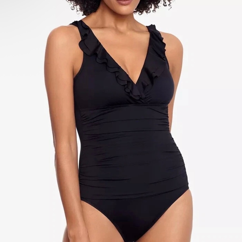 Lauren Ralph Lauren One Piece Swimsuit 10‎ M Black Ruffle Underwire Beach Swim